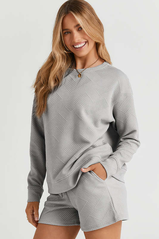 Gray Textured Long Sleeve Top and Drawstring Shorts Set