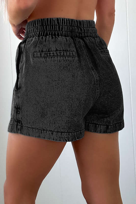 Black Drawstring High Waist Pocketed Denim Shorts
