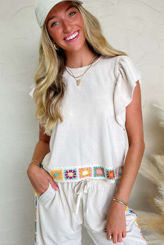 White Floral Crochet Patched Ruffled Sleeve Crewneck Blouse