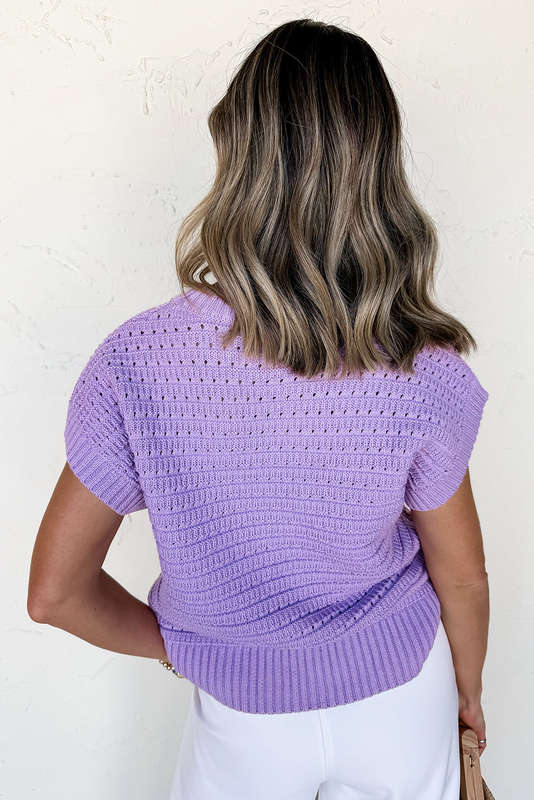 Lavendula Pointelle knit Ribbed Trim Short Sleeve Sweater
