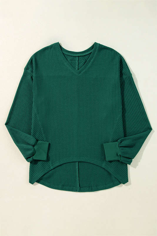 Blackish Green Waffle V Neck Long Sleeve Drop Shoulder Loose Blouse