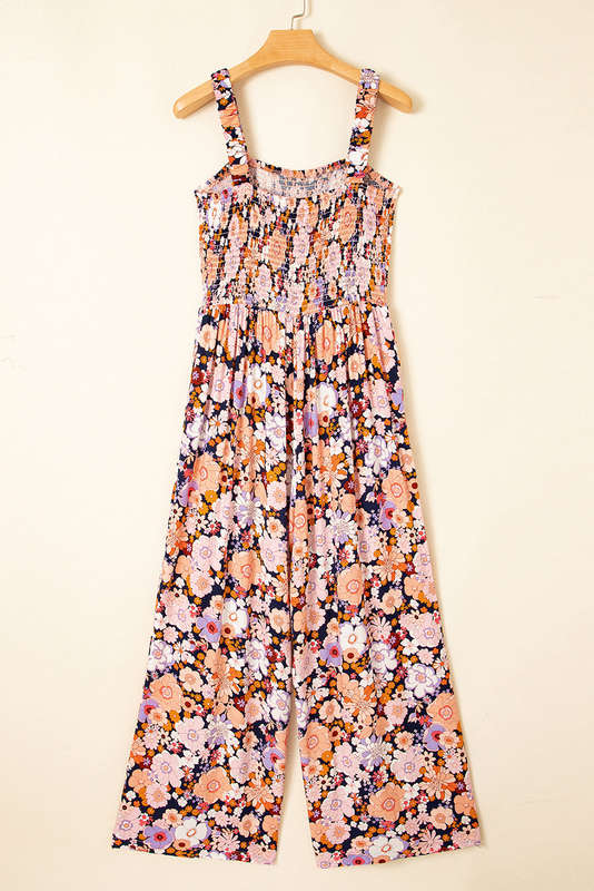 Black Floral Print Smocked High Waist Square Neck Jumpsuit