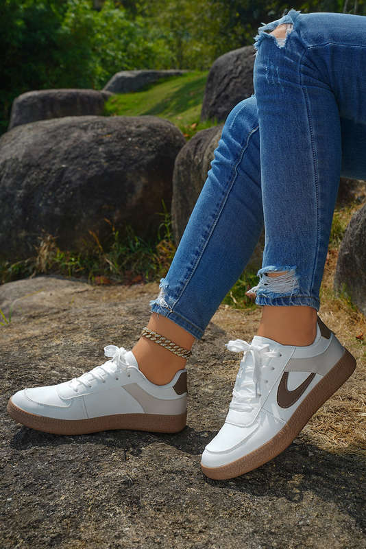 Coffee Color Contrast PU Leather Lace-up Sneakers