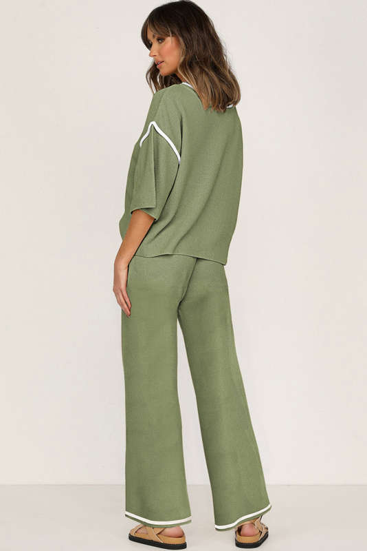 Guacamole Green Contrast Trim Half Sleeve Top Drawstring Pants Loose 2pcs Sweater Suit