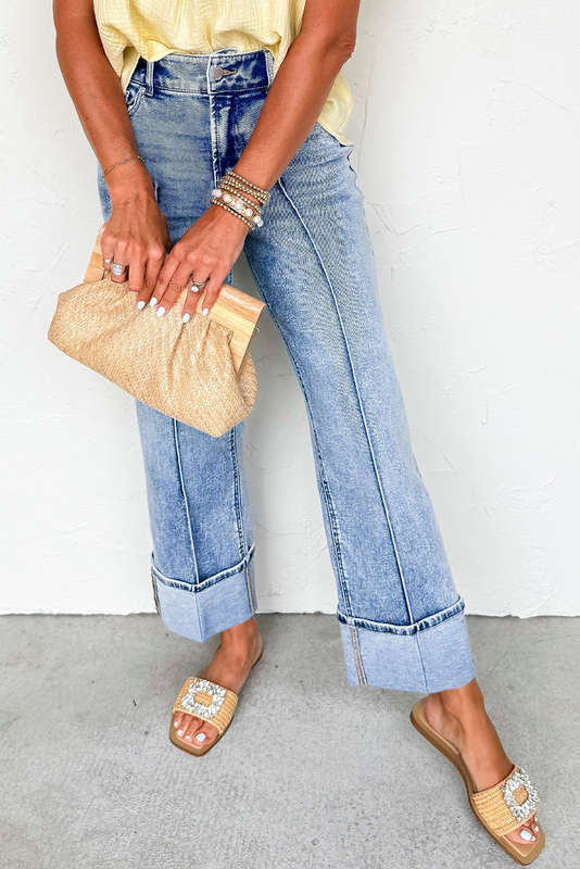 Myosotis Center Seam Cuffed Hem Straight High Waist Jeans