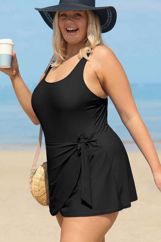 Black Solid Color Square Neck Knotted Plus Size One Piece Swimsuit