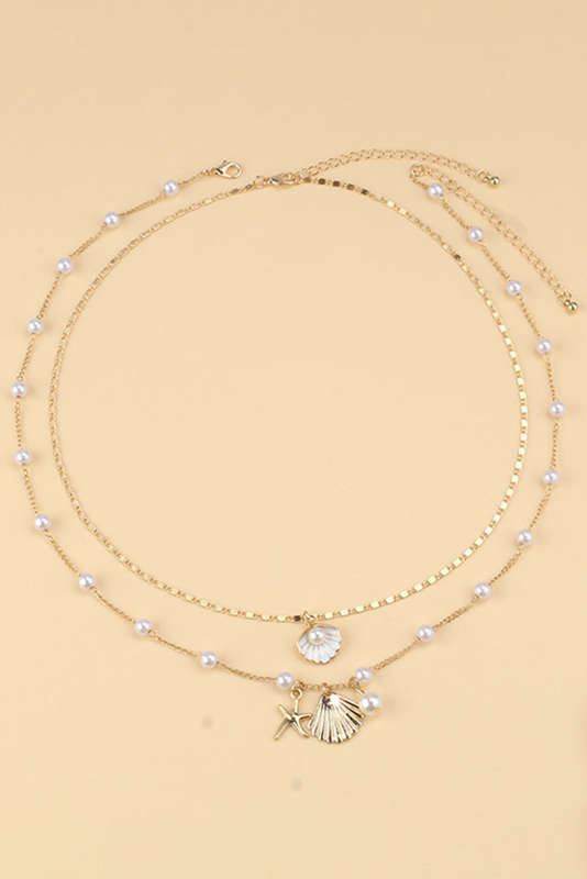 Gold Starfish Shell Pearl Dual Chain Necklace