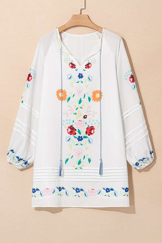 White Floral Print Boho Tassel Tie Split Neck Tucking Detail Puff Sleeve Mini Dress