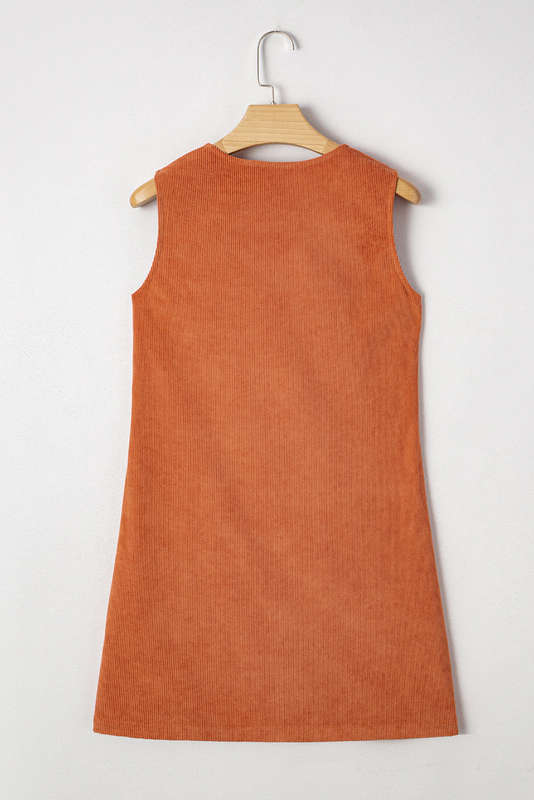 Gold Flame Corduroy Western Embroidered Patched Pocket Shift Sleeveless Mini Dress