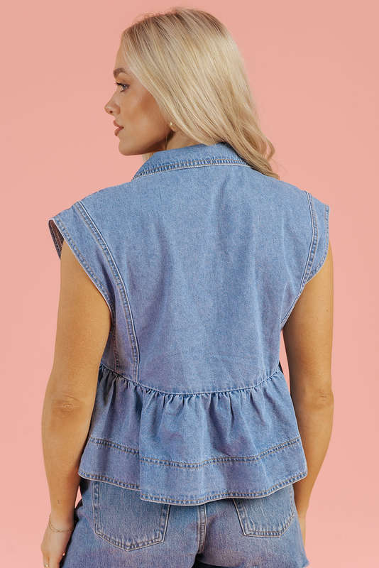 Dusk Blue Lapel Denim Babydoll Top