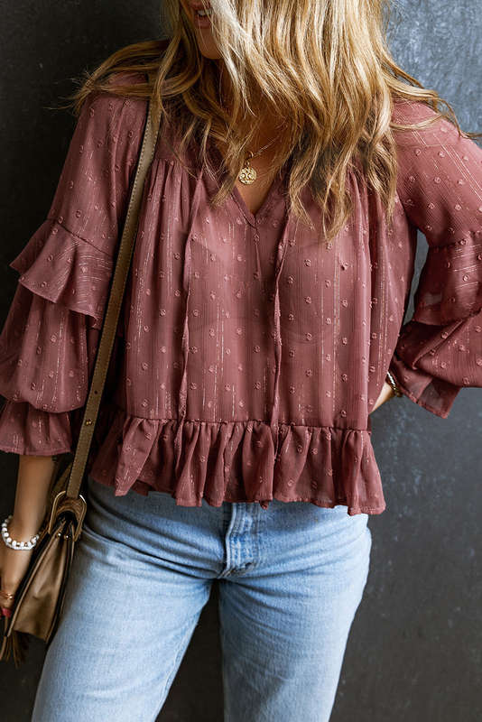 Red Swiss Dot Lace up V Neck Ruffled Blouse