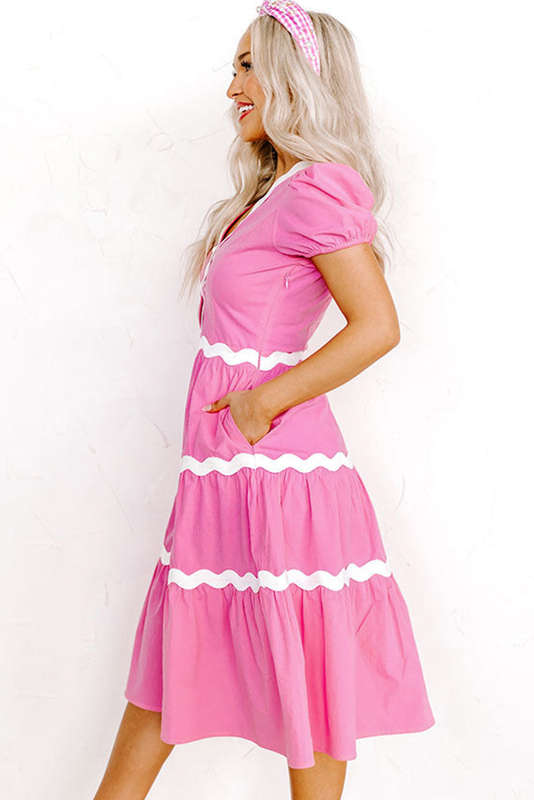 Bonbon Ric Rac Trim Short Puff Sleeve Flowy Midi Dress