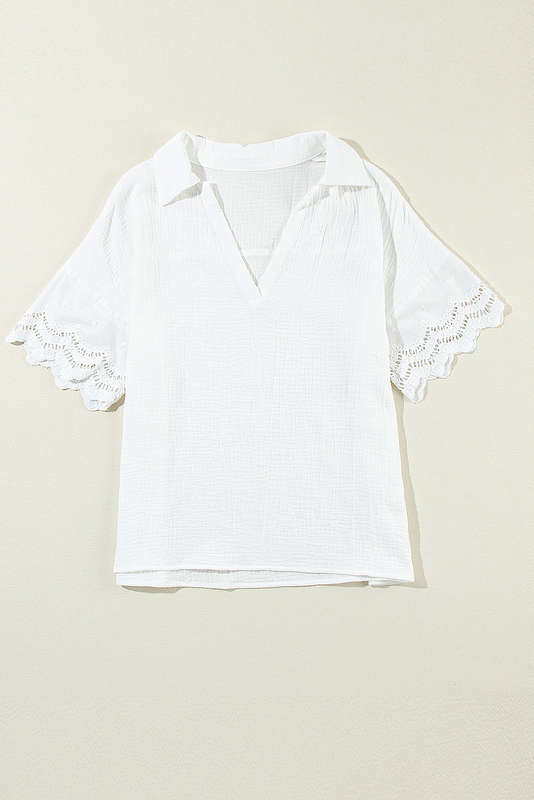 White Crinkled Lace Splicing Sleeve Collared V Neck Blouse