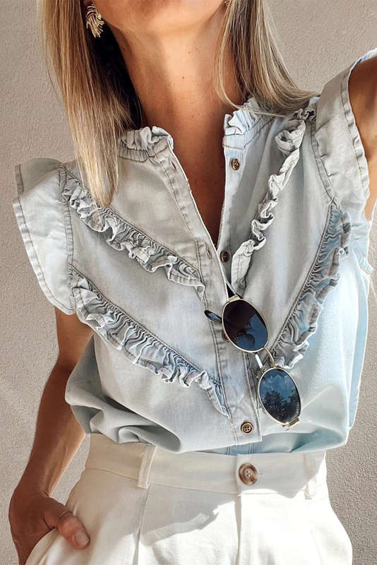 Beau Blue Mineral Wash Cap Sleeve Frilled Button Up Denim Shirt
