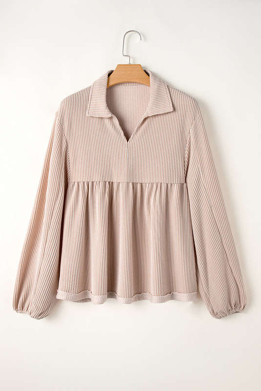 Parchment Corded Turn-down V Neck Bubble Sleeve Babydoll Blouse