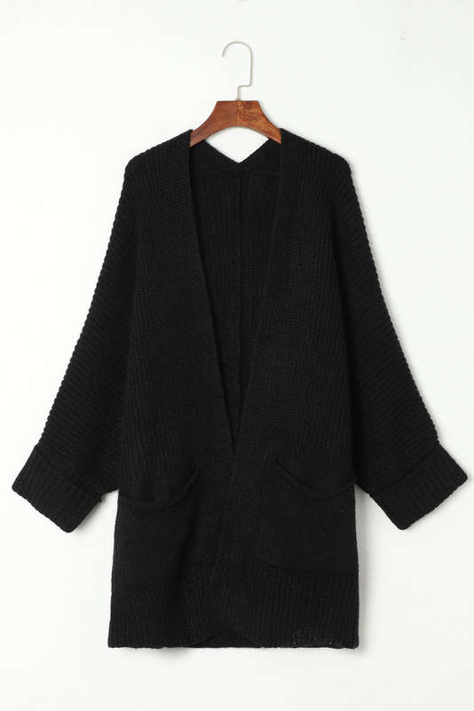Black Oversized Fold Over Sleeve Open Front Cardigan