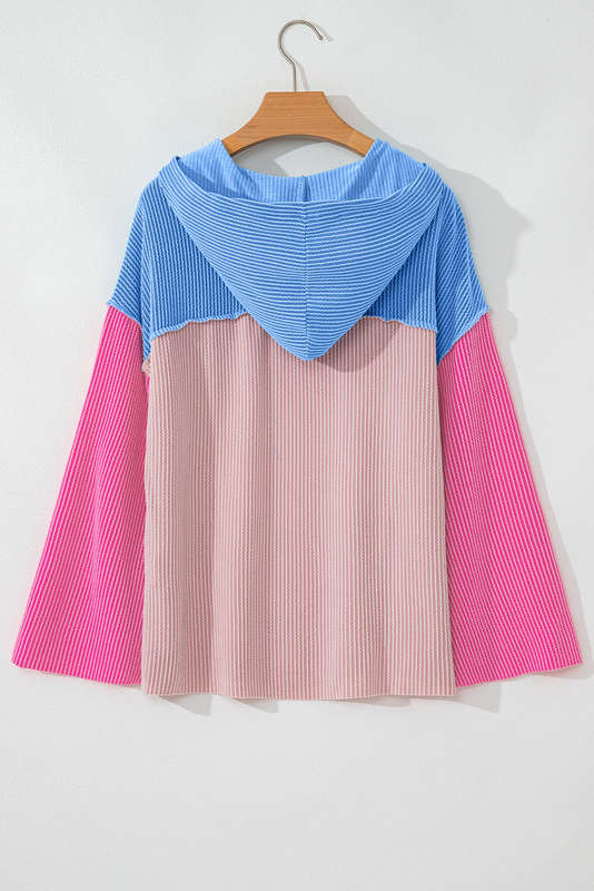 Pink Color Block Patchwork Corded Knit Loose Fit Hooded Blouse