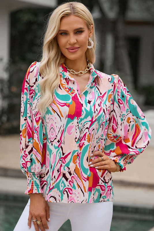 Red Paisley Print 3/4 Lantern Sleeve Shirt