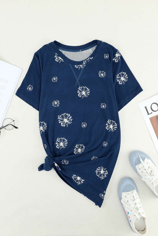 Blue Dandelion Print Crew Neck T-shirt