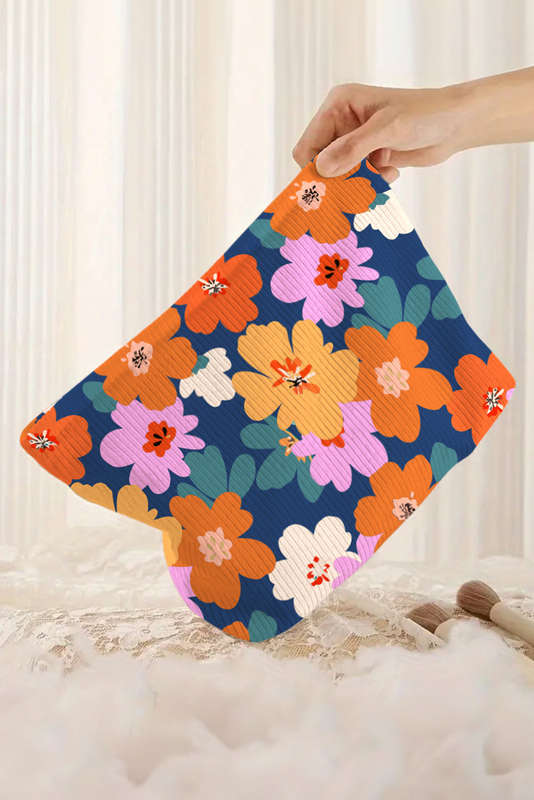 Ashleigh Blue Flower Print Zipper Corduroy Large Cosmetic Bag