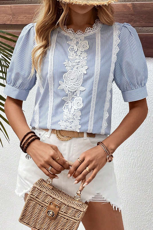 Sky Blue Stripe Floral Lace Splicing Puff Sleeve Blouse