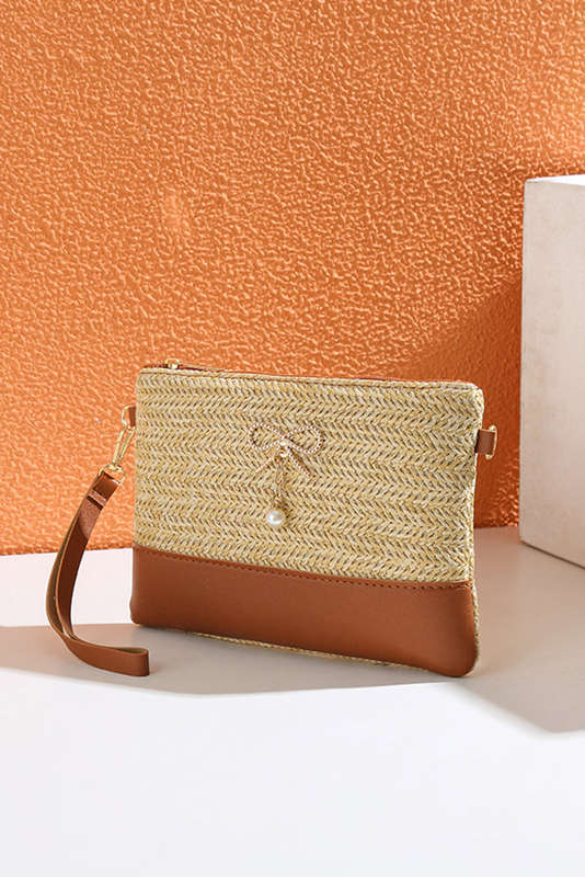 Beige Bow Pearl Decor Straw PU Leather Patched Crossbody Bag