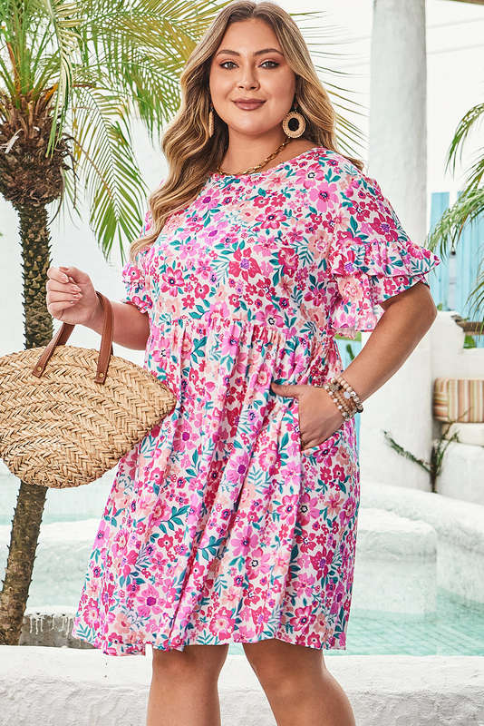 White Plus Size Floral Print Frilled Short Sleeve Flare Dress
