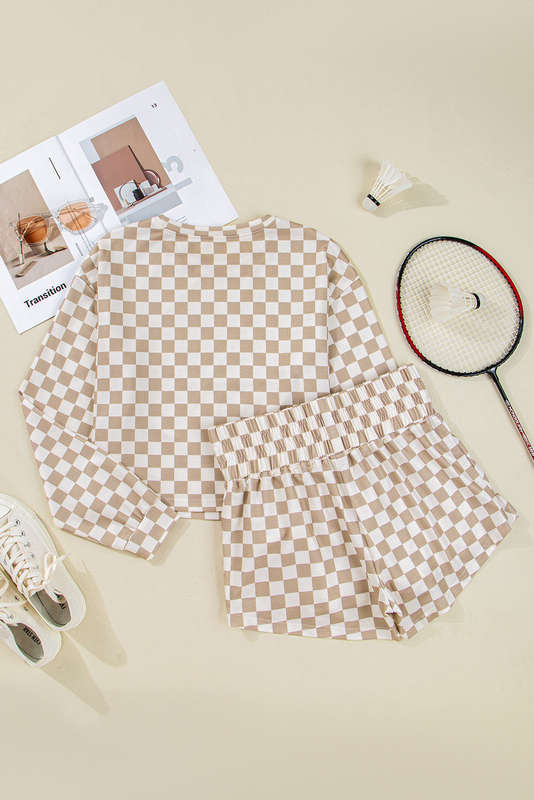 Khaki Checkered Long Sleeve Crop Top High Waist Skort 2pcs Set