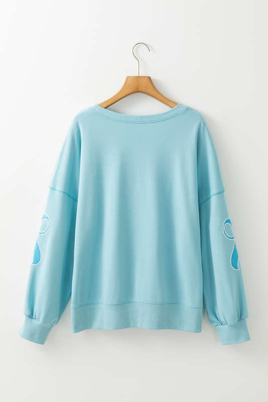 Beau Blue Sequined Bowknot Drop Shoulder Oversized Sweatshirt