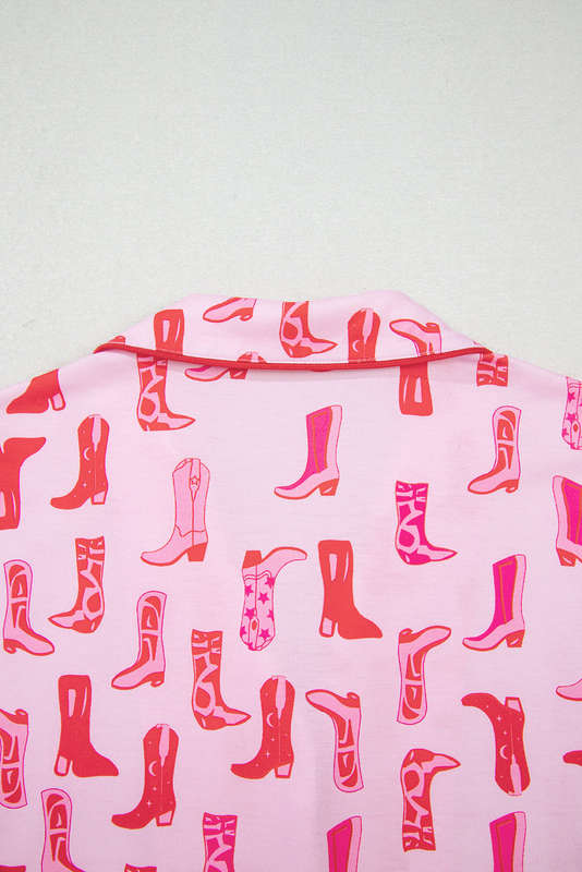 Pink Western Cowgirl Boots Printed Shirt Ruffled Shorts Pajama Set