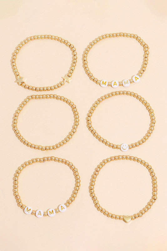 Gold 6Pcs MAMA Heart Star Shape Beaded Bracelet Set