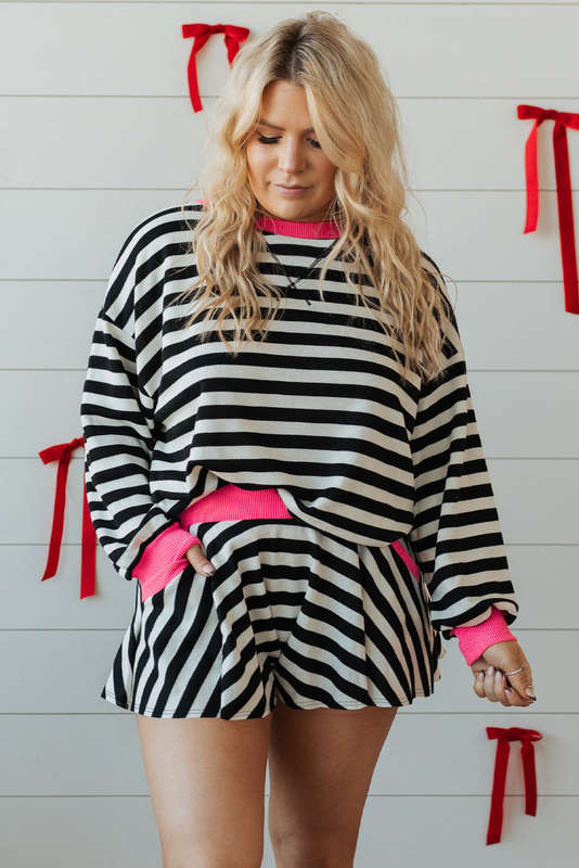 Black Stripe Color Block Edge Pullover and Shorts PLus Size Set