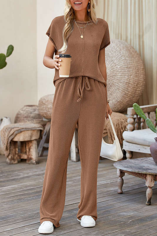 Coffee Solid Color Corded Short Sleeve Top and Casual Pants Set