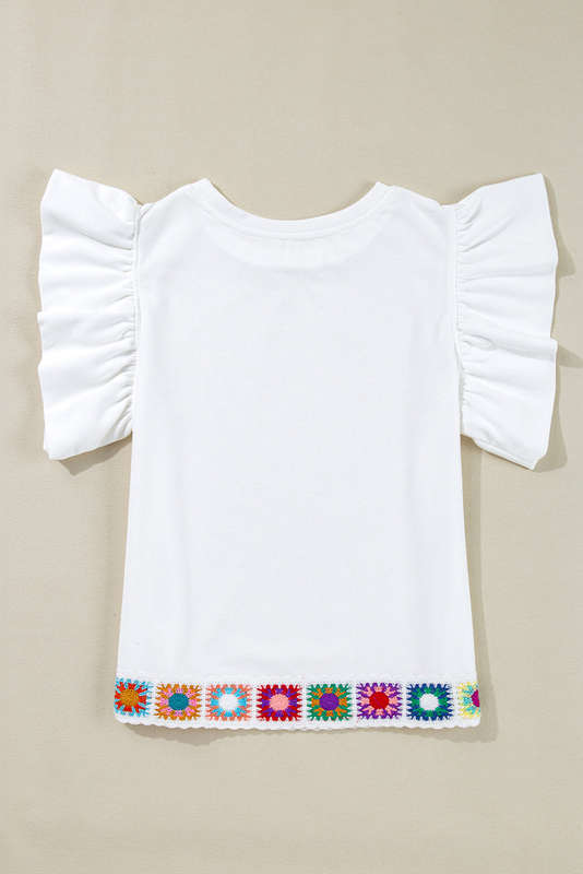 White Floral Crochet Patched Ruffled Sleeve Crewneck Blouse