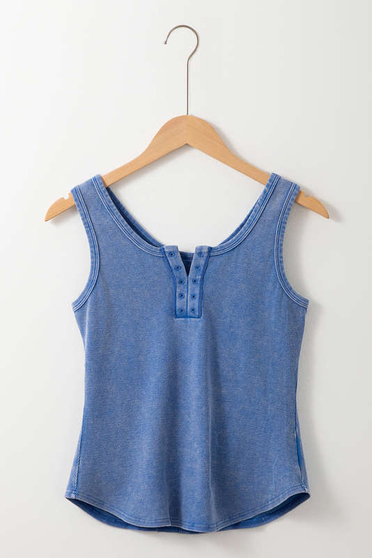 Sky Blue Mineral Wash Ribbed Notch Neck Tank Top