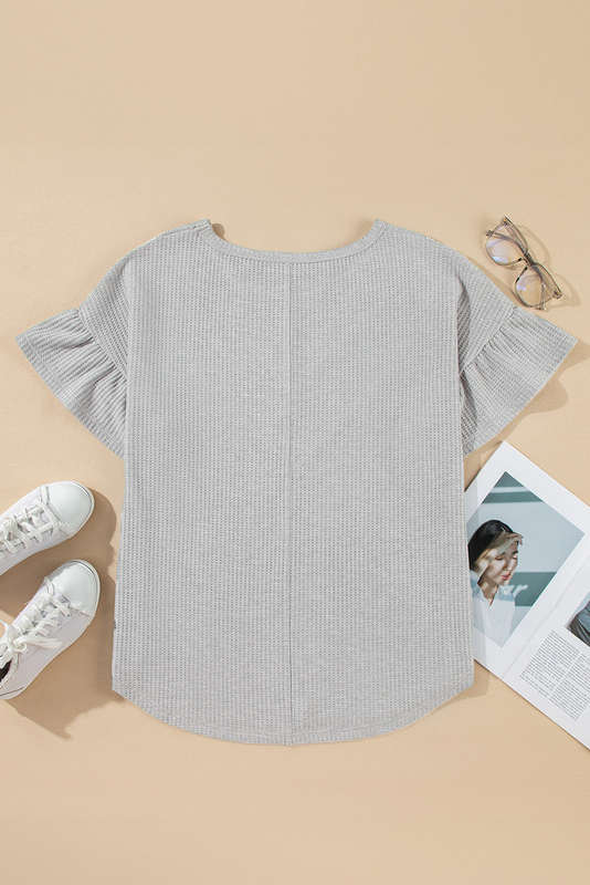 Light Grey Lace Insert Waffle Ruffle Short Sleeve Plus Size Top