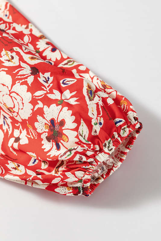 Red Colorful Floral Patchwork Long Sleeve Pleated Mini Dress