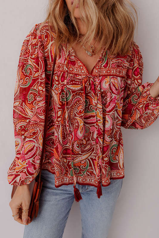 Multicolour Ethnic Paisley Print Tassel Tie Puff Sleeve Boho Blouse
