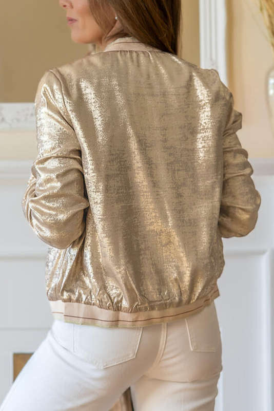Pale Khaki Metallic Zip up Baseball Jacket