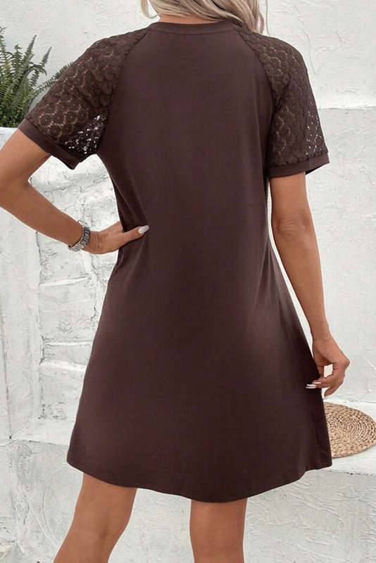 Dark Brown Contrast Lace Raglan Sleeve Pleated Detail Shift Dress