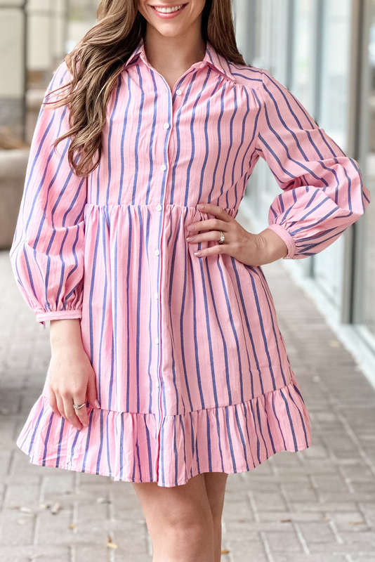 Pink Stripe Ruffled Hem Button-up Collared Shirt Mini Dress