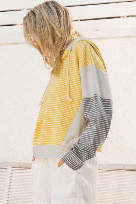 Yellow Stripe Color Block Drawstring V Neck Loose Fit Hooded Top
