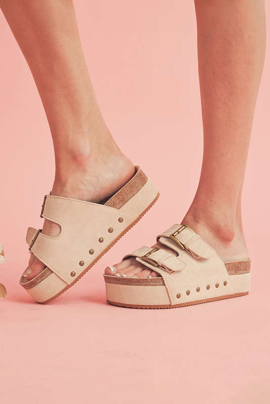 Beige Suede Buckle Decor Footbed Sandal Slippers