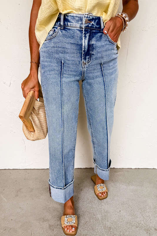 Myosotis Center Seam Cuffed Hem Straight High Waist Jeans