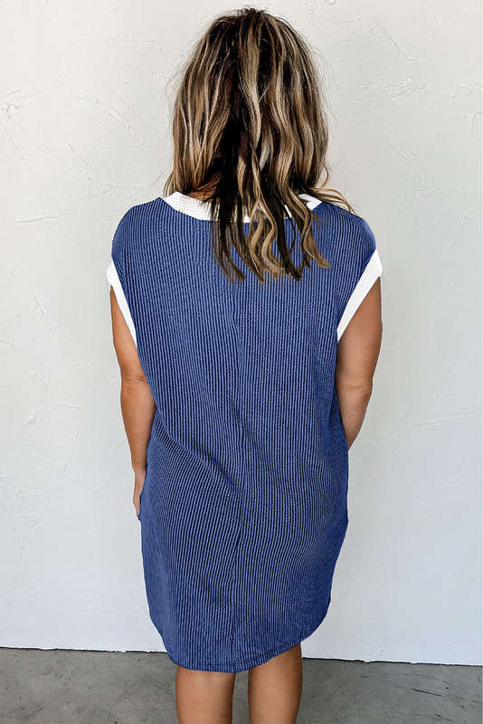 Blue V-Neck Knitted Summer Top with Exposed Seams