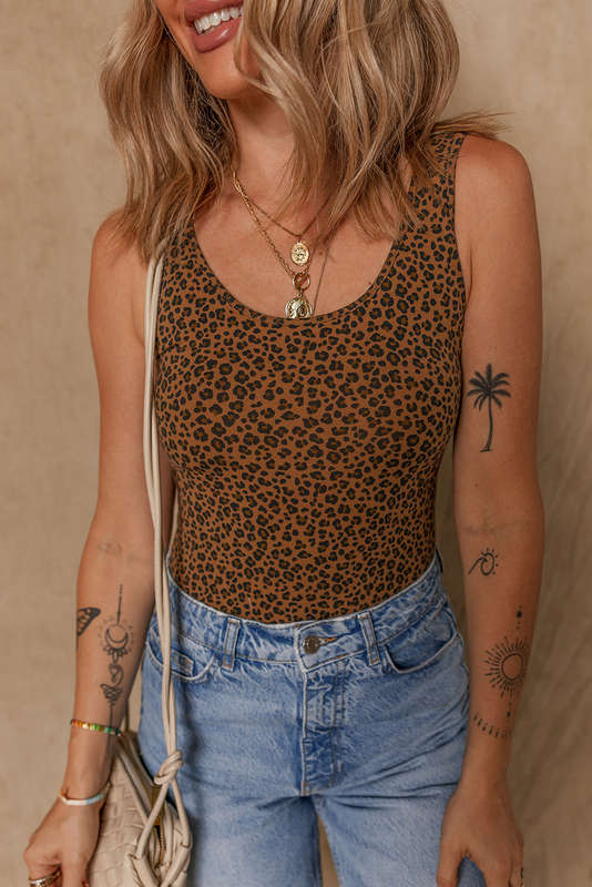Brown Leopard Printed Sleeveless Scoop Neck Bodysuit