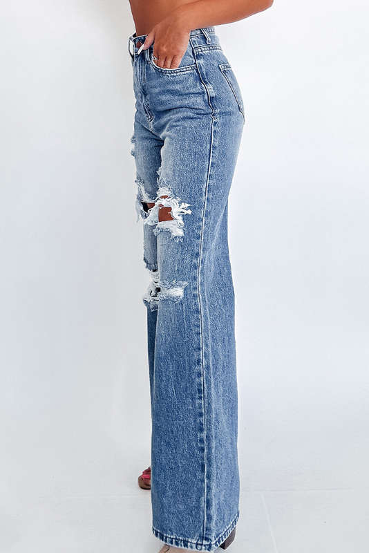 Blue V-Neck Knitted Summer Top with Exposed Seams