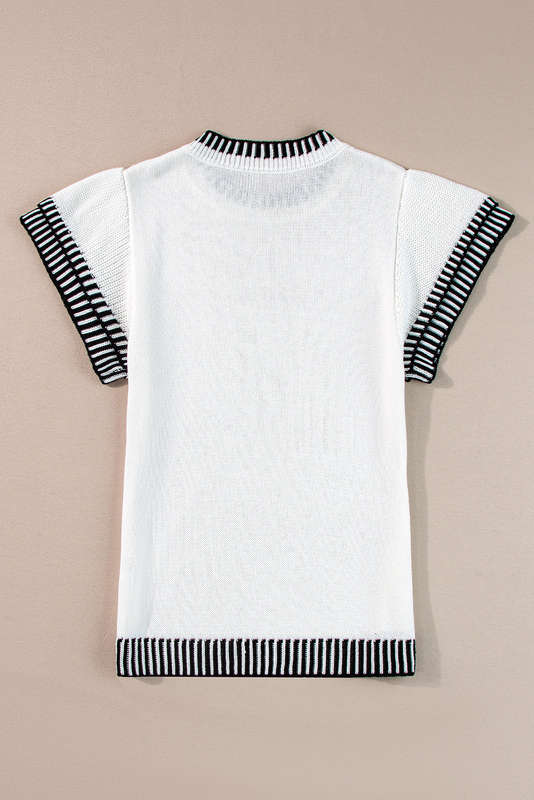 White Contrast Trim Round Neck Batwing Sleeve Knitted Top