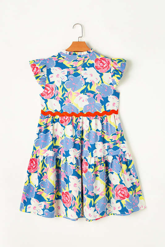 Sky Blue Floral Printed V Notched Ric Rac Flutter Sleeve Dress
