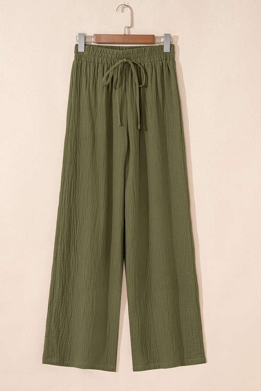 Jungle Green Textured Loose Fit Drawstring Elastic Waistband Pants